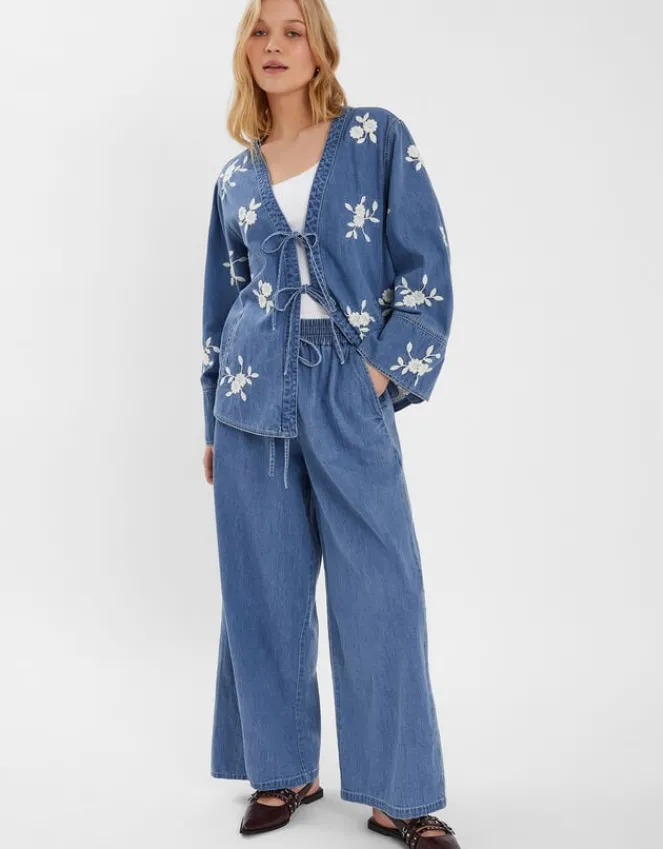 Accessorize Floral Embroidered Chambray Tie Jacket Blue