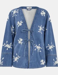Accessorize Floral Embroidered Chambray Tie Jacket Blue