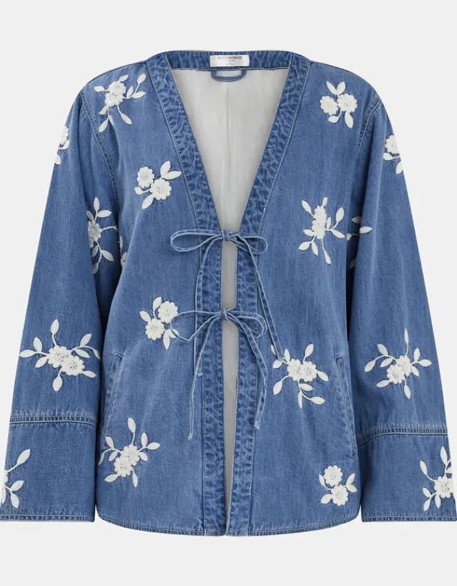 Accessorize Floral Embroidered Chambray Tie Jacket Blue
