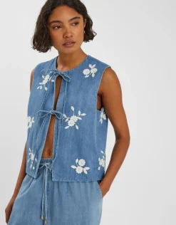 Accessorize Floral Embroidered Denim Waistcoat Blue