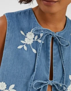 Accessorize Floral Embroidered Denim Waistcoat Blue