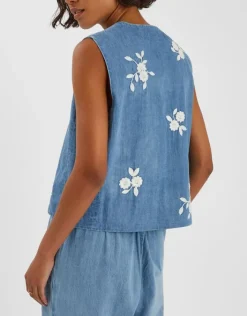 Accessorize Floral Embroidered Denim Waistcoat Blue