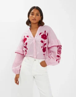 Accessorize Floral Embroidered Stripe Blouse Red