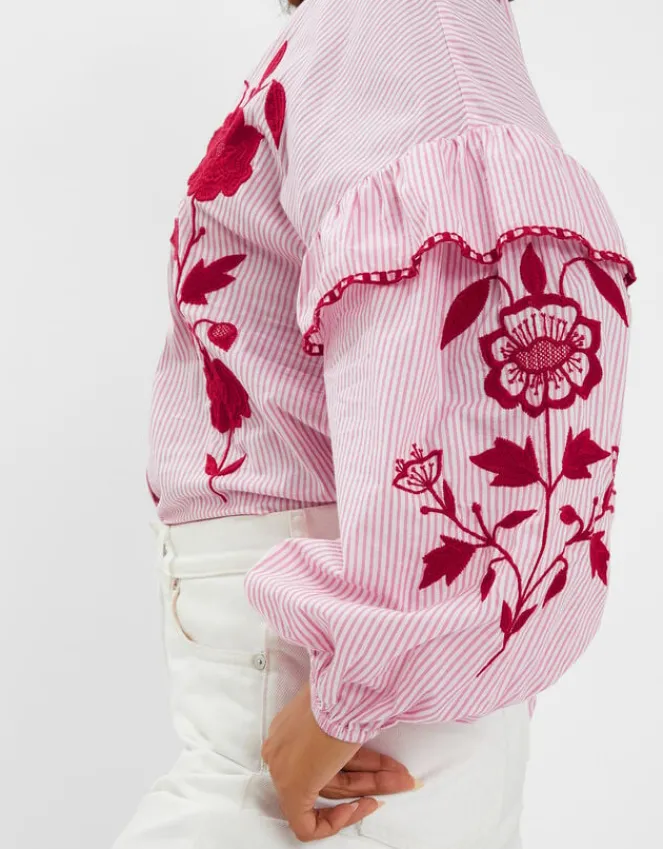 Accessorize Floral Embroidered Stripe Blouse Red