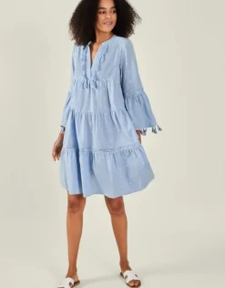 Accessorize Flute Sleeve Tassel Tiered Mini Dress Blue