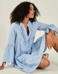 Accessorize Flute Sleeve Tassel Tiered Mini Dress Blue