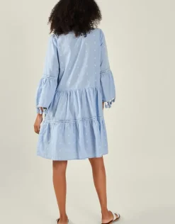 Accessorize Flute Sleeve Tassel Tiered Mini Dress Blue