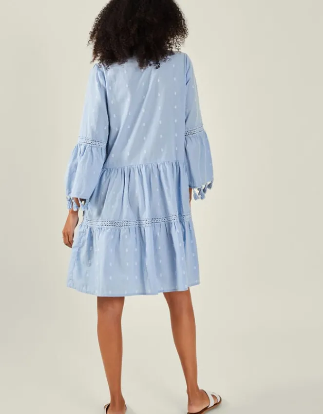 Accessorize Flute Sleeve Tassel Tiered Mini Dress Blue