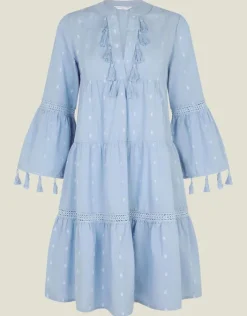 Accessorize Flute Sleeve Tassel Tiered Mini Dress Blue