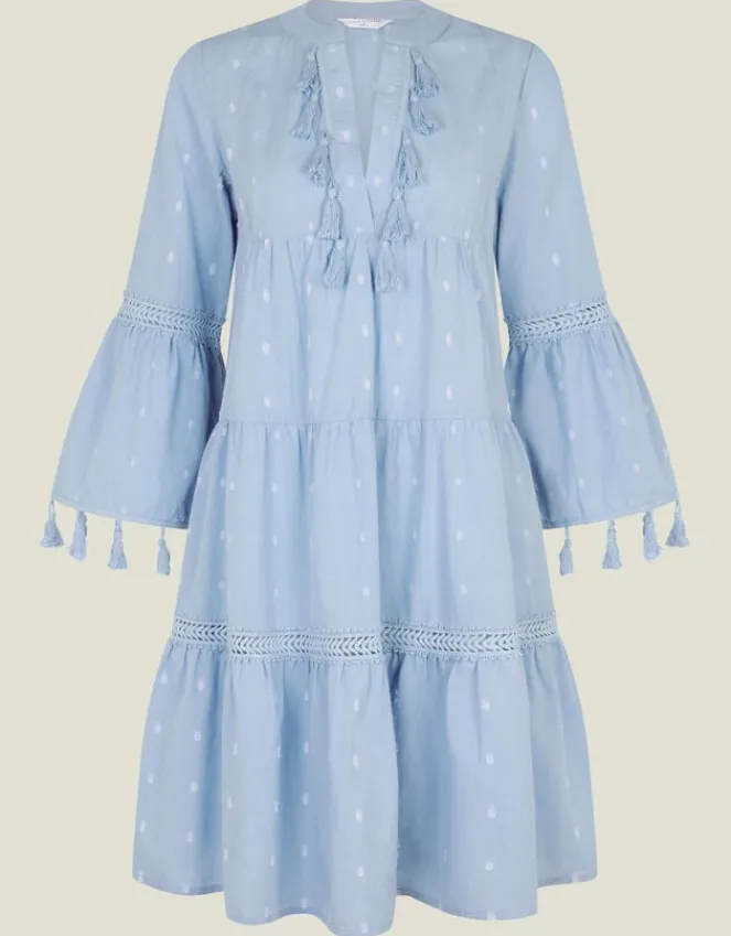 Accessorize Flute Sleeve Tassel Tiered Mini Dress Blue