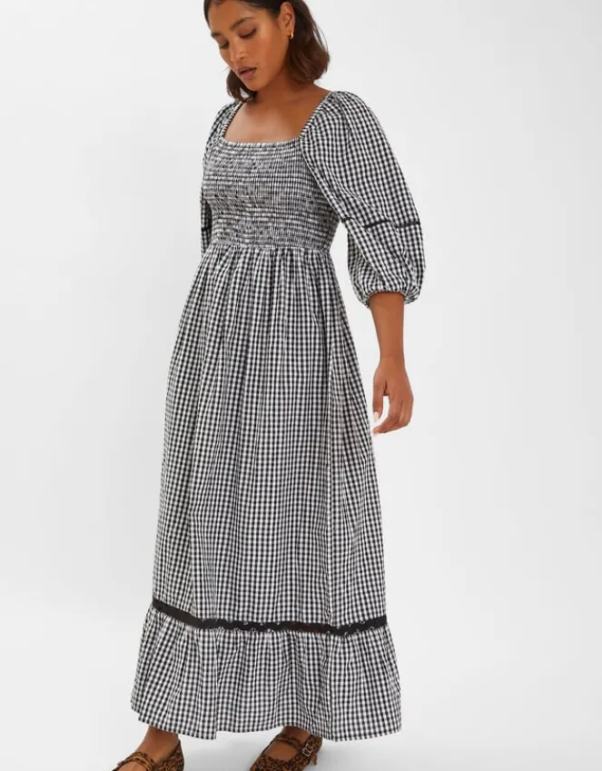 Accessorize Gingham Puff Sleeve Maxi Dress Black