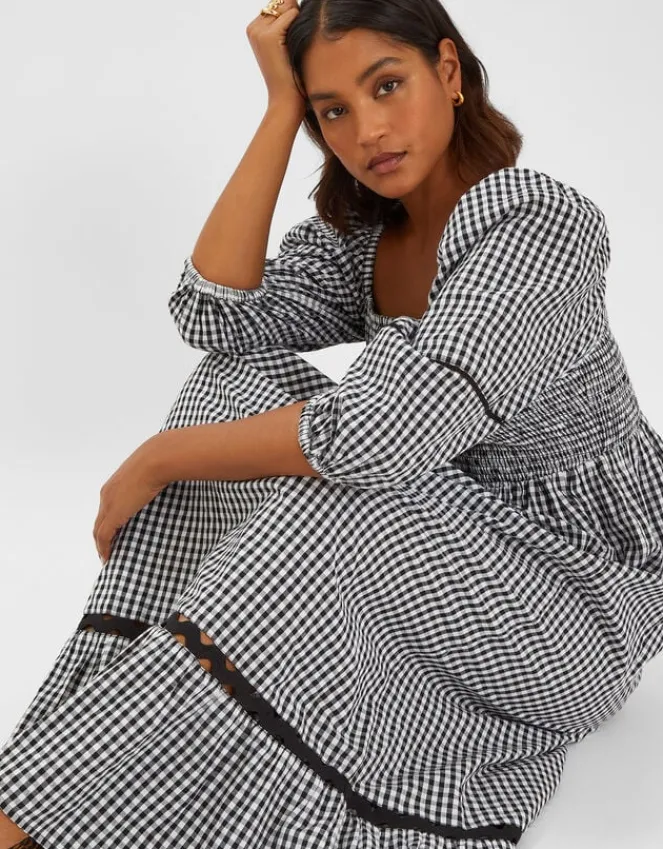 Accessorize Gingham Puff Sleeve Maxi Dress Black