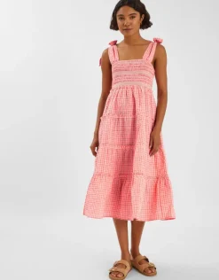 Accessorize Gingham Smocked Frilly Midi Dress Orange