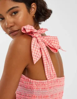 Accessorize Gingham Smocked Frilly Midi Dress Orange