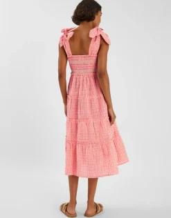Accessorize Gingham Smocked Frilly Midi Dress Orange
