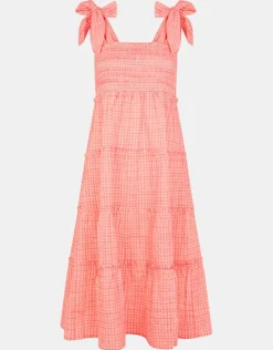 Accessorize Gingham Smocked Frilly Midi Dress Orange