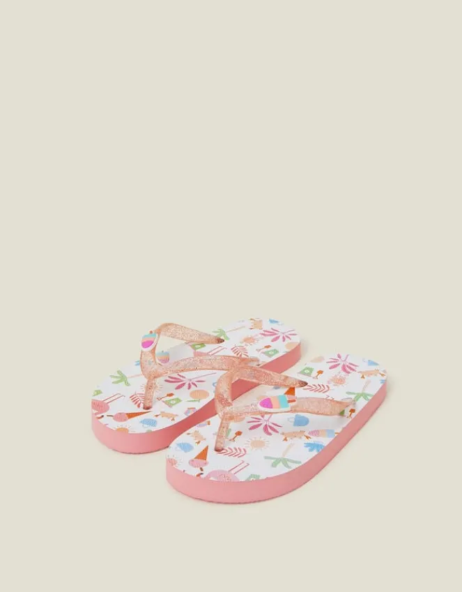 Accessorize Girls Beach Print Glitter Flip Flops Multi