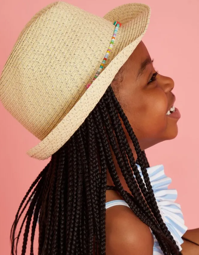 Accessorize Girls Beaded Band Straw Hat Natural