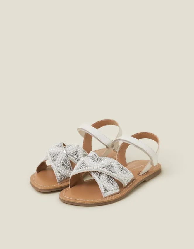 Accessorize Girls Beaded Cross Strap Sandals Ivory