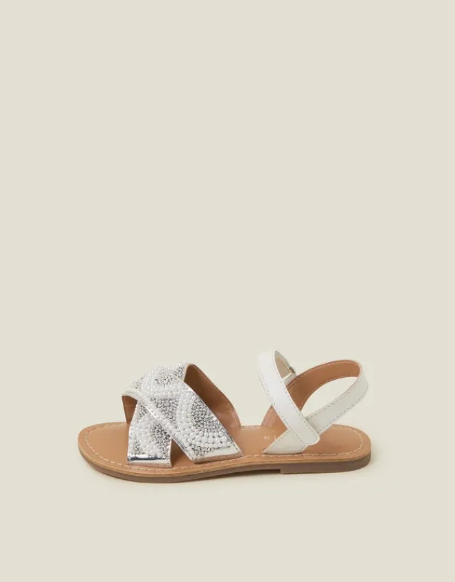 Accessorize Girls Beaded Cross Strap Sandals Ivory