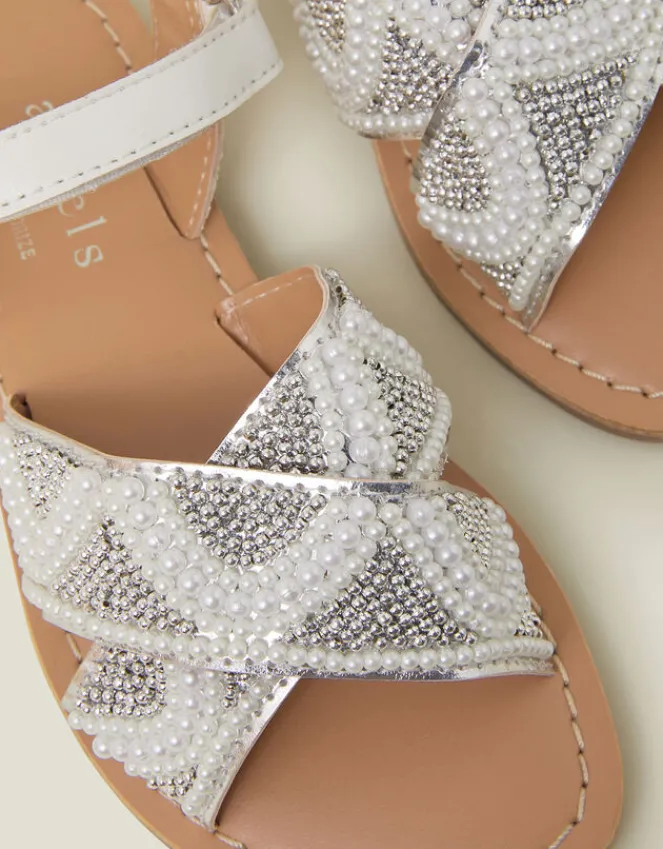 Accessorize Girls Beaded Cross Strap Sandals Ivory