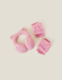 Accessorize Girls Cat Faux Fur Earmuffs and Gloves Set Pink