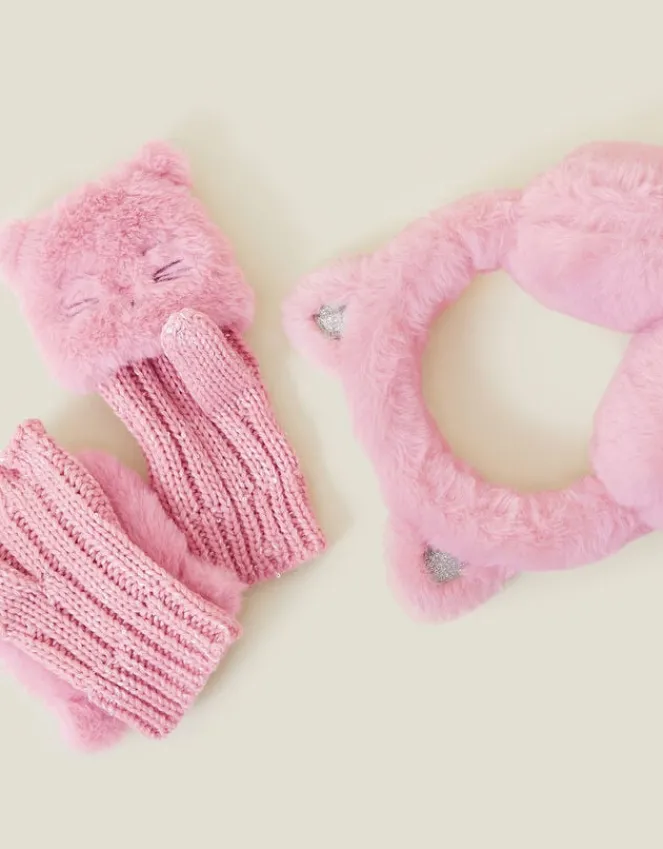 Accessorize Girls Cat Faux Fur Earmuffs and Gloves Set Pink