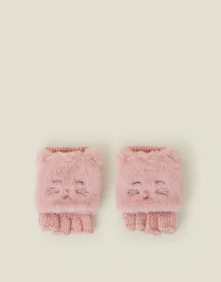 Accessorize Girls Cat Fingerless Mitten Gloves Pink