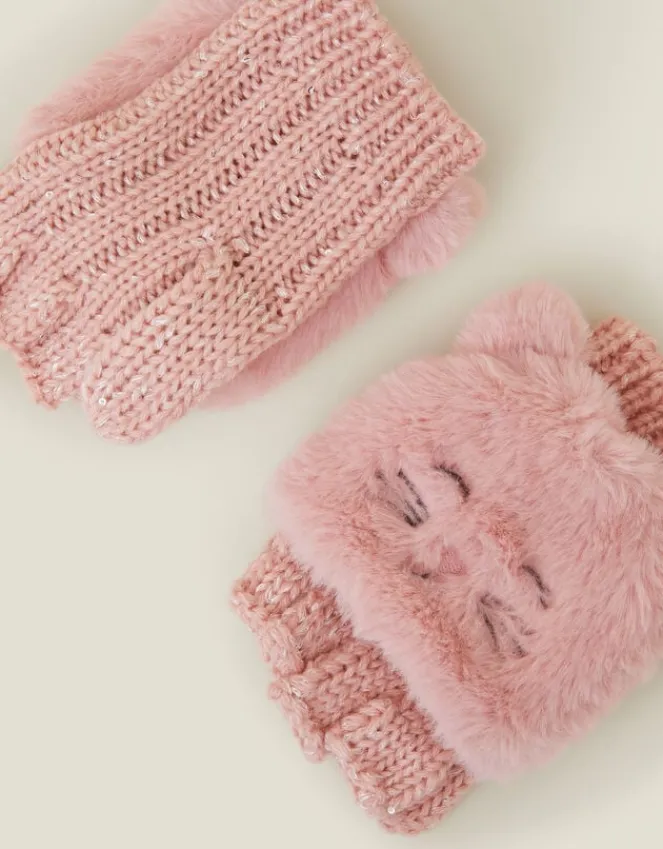 Accessorize Girls Cat Fingerless Mitten Gloves Pink