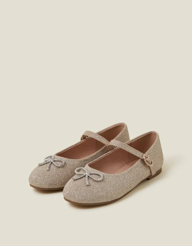 Accessorize Girls Diamante Bow Glitter Ballet Flats Gold