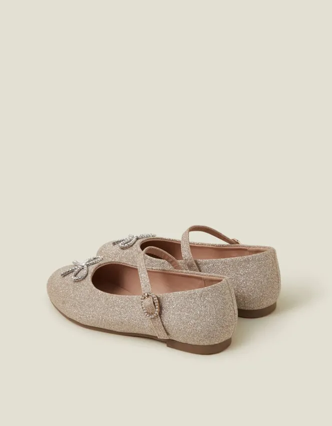 Accessorize Girls Diamante Bow Glitter Ballet Flats Gold