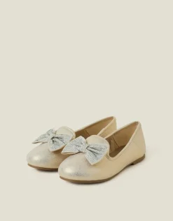 Accessorize Girls Diamante Bow Metallic Ballet Flats Gold