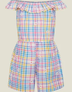 Accessorize Girls Floral Embroidered Check Bardot Playsuit Multi