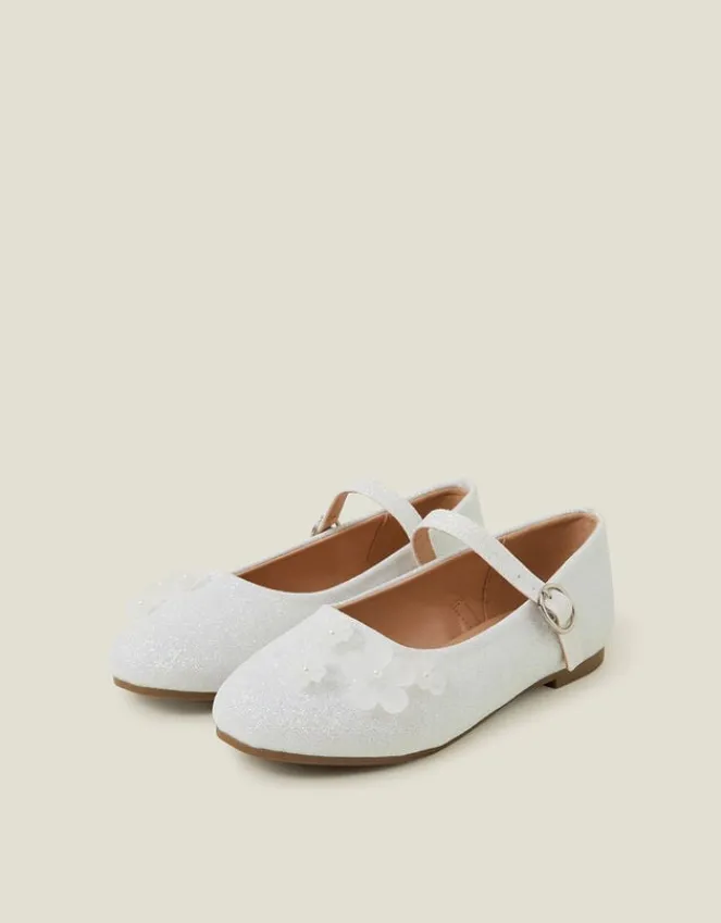 Accessorize Girls Flower Glitter Strappy Ballet Flats Ivory
