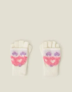 Accessorize Girls Fluffy Heart Fingerless Mitten Gloves Multi