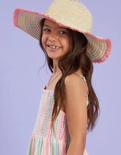 Accessorize Girls Fringe Floppy Straw Sun Hat Multi
