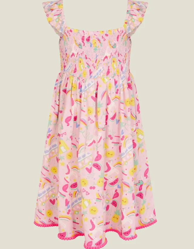 Accessorize Girls Sunbeam Print Shirred Dress Pink