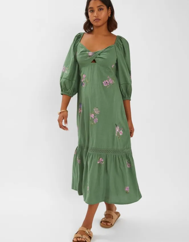 Accessorize Jasmine Embroidered Midi Dress Green