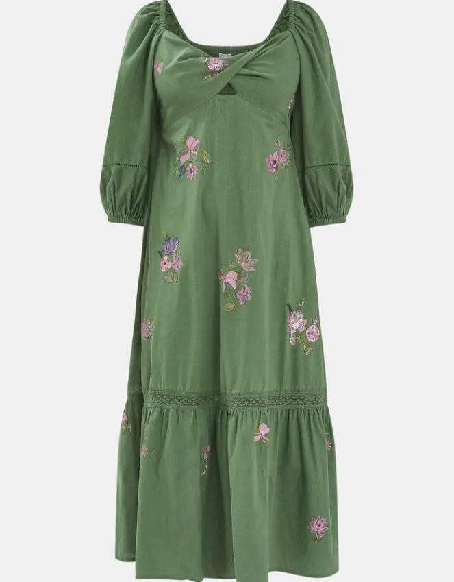 Accessorize Jasmine Embroidered Midi Dress Green