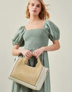Accessorize Jute Faux Leather Handbag Cream