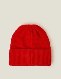 Accessorize Knitted Rib Check Beanie Hat Red