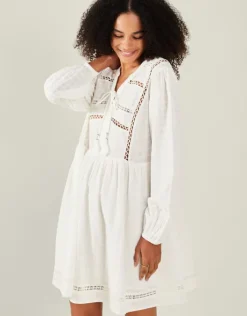 Accessorize Lace Insert Long Sleeve Mini Dress White