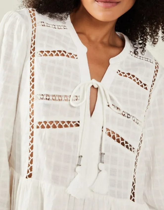 Accessorize Lace Insert Long Sleeve Mini Dress White
