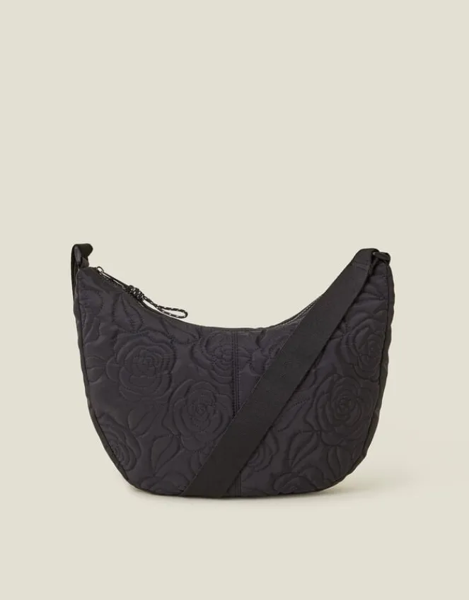 Accessorize Large Floral Quilted Sling Bag Black