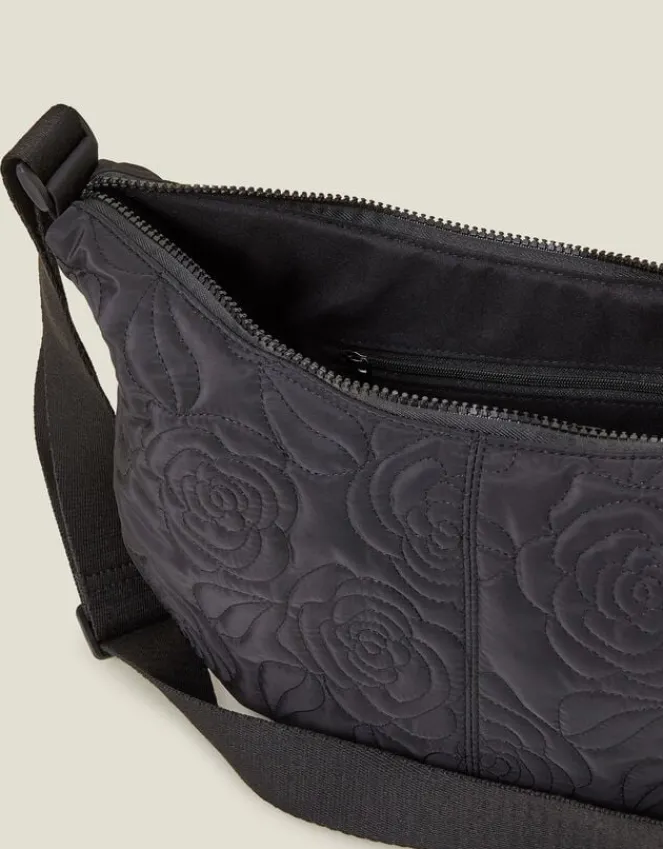 Accessorize Large Floral Quilted Sling Bag Black