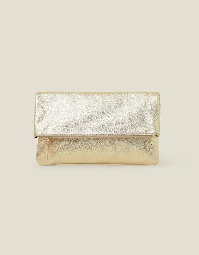Accessorize Leather Metallic Fold Over Clutch Gold