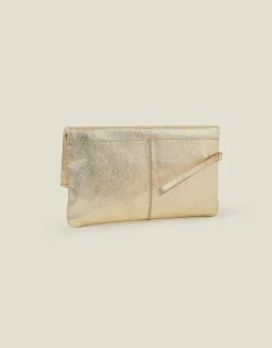 Accessorize Leather Metallic Fold Over Clutch Gold
