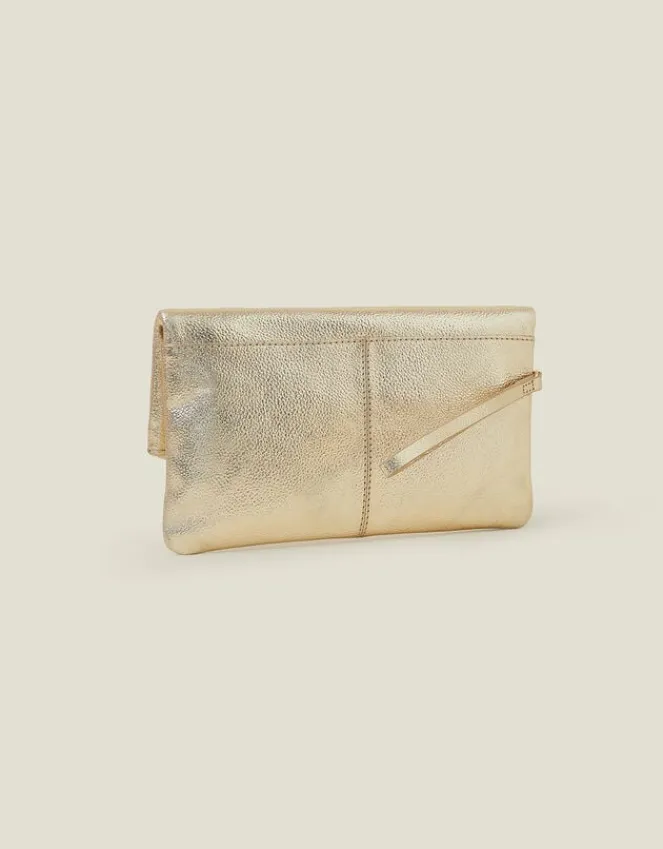 Accessorize Leather Metallic Fold Over Clutch Gold