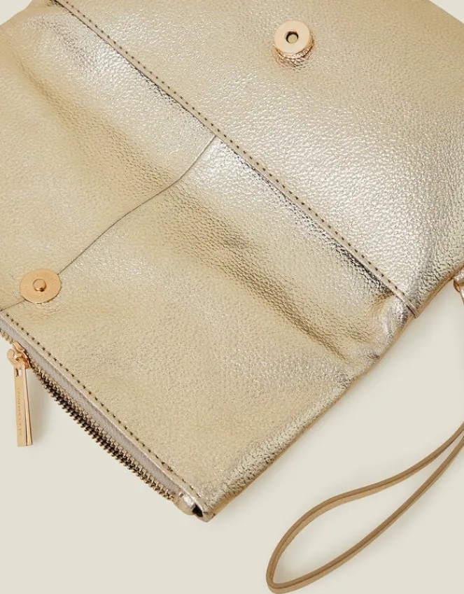 Accessorize Leather Metallic Fold Over Clutch Gold