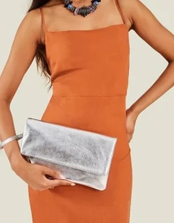 Accessorize Leather Metallic Fold Over Clutch Silver